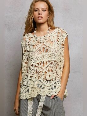 POL Cream Crochet Sleeveless Tunic Top